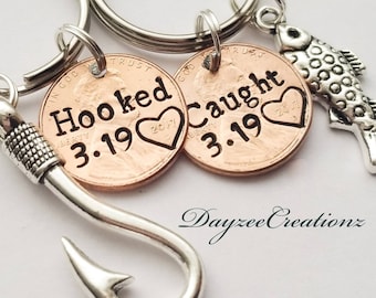 Personalized Fishing Keychain | Anniversary Gift for Him or Her | Stamped Custom Penny | Hooked and Caught with Fishing Hook & Fish Charms
