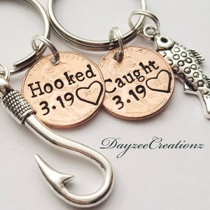 Copper Anniversary Gift for Fisherman and Wife, 7th Anniversary Penny Keychain Set, 1st Anniversary Gift For Boyfriend, Personalized Date