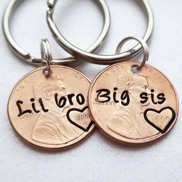 Personalized Little Brother Big Sister Penny Keychain, for Him, for Her, Bro, Birthday, Christmas, for Brother, for Sis, Valentine's