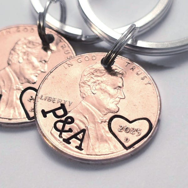2 Customized Penny Keychains| Anniversary Gift for Him, Hard to Buy for, Man Who Has Everything, Boyfriend Girlfriend Wife Husband, Unique