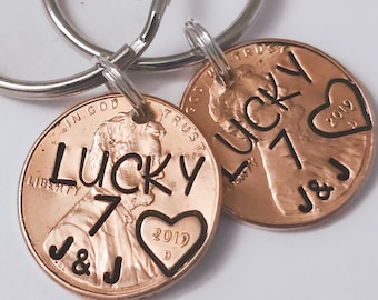Copper Keychain Personalised Keyring  Birthday 7th Wedding Anniversary Gift For Him Her Husband Wife Boyfriend Girlfriend Hand Stamped Penny