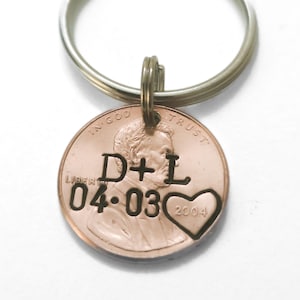 Unique Anniversary Keychain for Husband Boyfriend Wife Girlfriend,  Personalized Penny with Initials & Date Hand Stamped Hard to Buy For Man