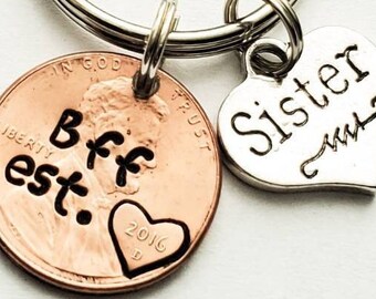 Custom Bff Penny Keychain, Personalize with Your Own Text, Comes with "Sister" Charm, Unique Birthday, Christmas, Valentine's Gift for Her