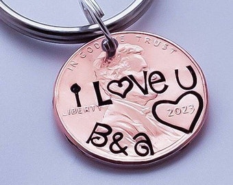 Penny Keychain Stamped for Anniversary Gift, for Couples, Husband, Wife, Boyfriend, or Girlfriend.  Personalized with Your Initials and Date