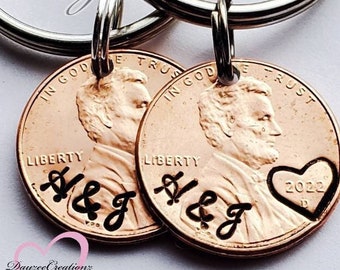Personalized Penny Keychain | Anniversary Gift for Men & Women | Customized with Initials and Heart | Valentine's Day Gift for Him or Her