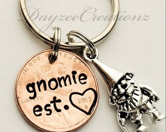 Custom Gift for Her, BFF Birthday Present, Personalized Penny Keychain with Gnomie est. Stamped, Comes with Gnome Charm, Best Friend Gift