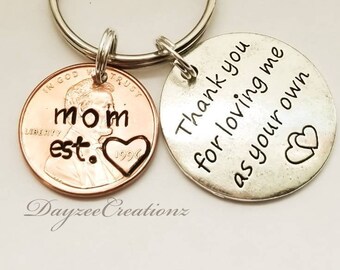 Personalized Mother's Day Gift for Step Mom, Stamped Penny Keychain with Charm, Custom Unique Keepsake Present for Birthday or Christmas