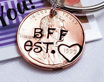 Best Friend Keychain, Custom Penny Keychain Stamped with Your Text, Birthday Gift for BFF, Personalized Bestie Key Chain, Christmas Present