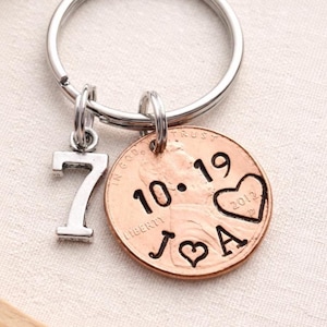 7th Anniversary Gift Him Her Personalized Stamped Couples Matching Penny Keyring Husband Wife Sentimental Boyfriend Girlfriend Meaningful