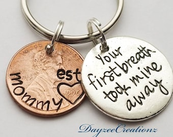 Mother&#39;s Day Gift | Personalized Stamped Penny Keychain with &quot;Your First Breath&quot; Charm | Present for Mom | Unique Keepsake for Christmas Day