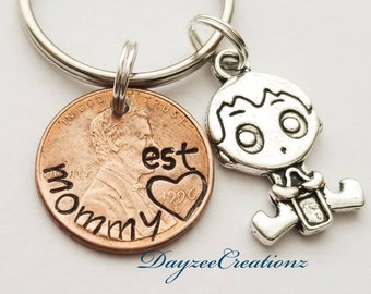 Custom Penny Keychain for Mom, Mother's Day Gift, from Kids | Baby Boy Charm | Personalized | Stamped with Mommy est. | Keepsake Present