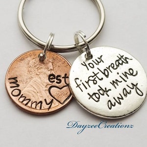 Mother's Day Gift | Personalized Stamped Penny Keychain with "Your First Breath" Charm | Present for Mom | Unique Keepsake for Christmas Day
