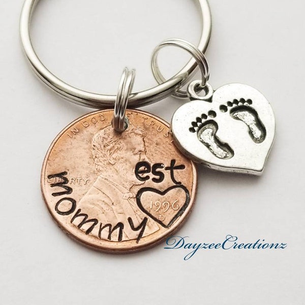 Personalized Gift for Mom, Lucky Stamped Penny Keychain with Baby Footprint Charm, Mother's Day, Birthday, Christmas, Valentine Present