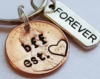 Customize Your BFF Penny Keychain with Your Own Text, Comes with "Forever" Charm, Unique Best Friend Gift for Her, For Sister, Bestie, Bff