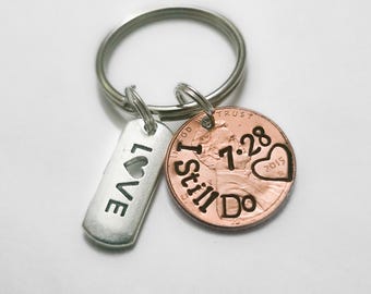 Personalized Penny Keychain, Hand Stamped "I Still Do" Date, 7th Anniversary Gift