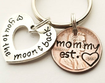 Personalized Mom Gift for Birthday, Christmas, Valentine's Day, or Mother's Day, Custom Penny Keychain Stamped Your Text, Love you Moon Back