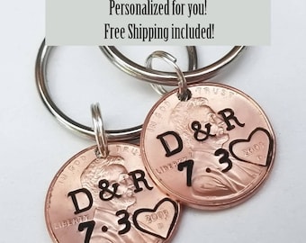 Anniversary Gift for Him, for Her, Customized Penny Keychain, for Men, Guys, Boyfriend, Girlfriend, Copper 7th, 1st Anniversary, Husband