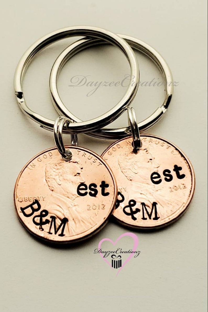 Personalized Valentine's Day Gift for Him, Anniversary Penny Keychain, Anniversary Gift for Men, Boyfriend, Girlfriend, Wife, Husband, Guy Pair (2) NO HEART