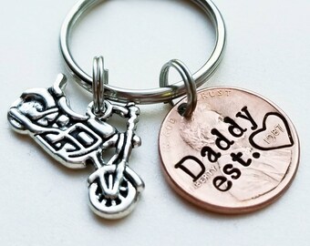 Custom Penny Keychain Personalized for Dad, Gift for Father's Day, with Motorcycle Charm, Customize with Your Text, Birthday Gift from Kids