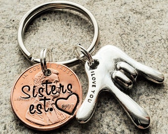 Personalized Sister Penny Keychain, Custom Birthday Gift, Christmas Present, Best Friend Gift, Your Text to Customize, Sign Language Charm