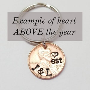 Personalized Valentine's Day Gift for Him, Anniversary Penny Keychain, Anniversary Gift for Men, Boyfriend, Girlfriend, Wife, Husband, Guy 1 w/heart ABOVE yr