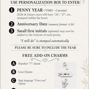 May include: An informational graphic titled Personalization & Add-On Options. It lists instructions for entering a penny year, anniversary date, and initials. It also displays five metal charms labeled A through E: 7, LOVE, sign language, BLESSED, and FOREVER.