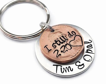 Personalized 7th Anniversary Gift, Custom Copper Penny Keychain with Names & I Still Do, and Date