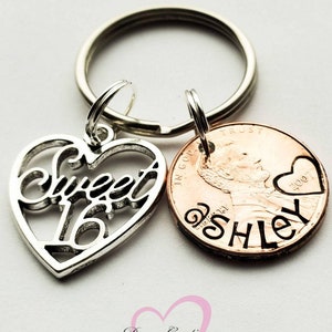 Personalized Sweet 16th Birthday Gift , Custom Stamped Penny Keychain with Charm, Present for Daughter, Niece, Grand Daughter, Friend, Sis