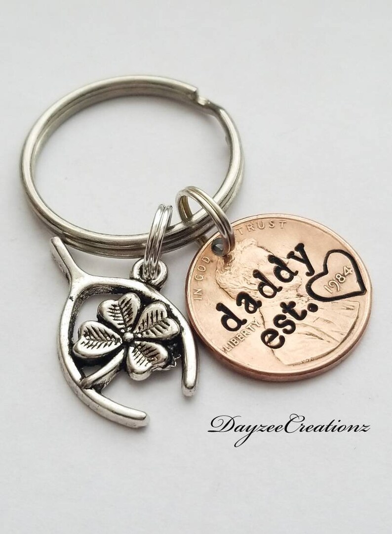 Custom Penny Keychain Personalized for Dad, For Father's Day , Birthday, or Christmas Customize Your Text, With Wishbone/Clover Charm image 1