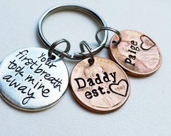 Personalized Gift for Dad , Custom Penny Keychain with Child's Name and "First Breath Took Mine Away" Charm, First Father's Day , Christmas