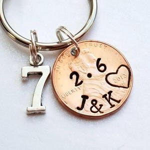 7TH Copper Anniversary Gift for Husband, Wife. Custom Personalized Couples Penny Keychain. Unique Sentimental Seventh Anniversary for Him image 1