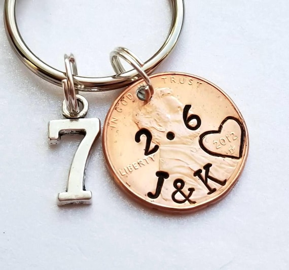 7TH Copper Anniversary Gift for Husband, Wife. Custom Personalized Couples Penny Keychain.  Unique Sentimental Seventh Anniversary for Him