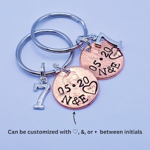 7 Year Anniversary Gift for Husband or Wife, Personalized Penny Keychain with Anniversary Date and Initials Stamped, Number 7 Charm Included