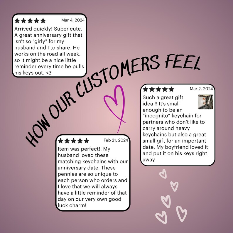 May include: Three customer reviews for a keychain with a heart design. The reviews are positive and mention the keychain is a great gift idea for an anniversary or a special occasion. The reviews also mention that the keychain is small and discreet, making it a good choice for people who don't like to carry around heavy keychains.