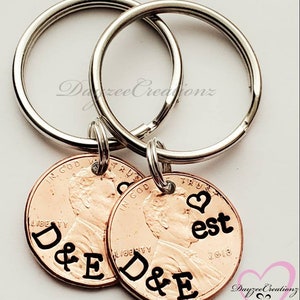 Personalized Valentine's Day Gift for Him, Anniversary Penny Keychain, Anniversary Gift for Men, Boyfriend, Girlfriend, Wife, Husband, Guy Pair(2)w/heartABOVE