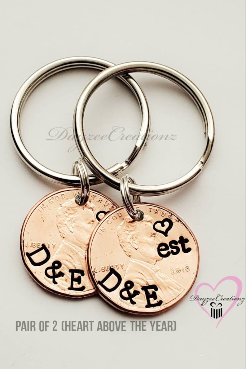 Personalized Valentine's Day Gift for Him, Anniversary Penny Keychain, Anniversary Gift for Men, Boyfriend, Girlfriend, Wife, Husband, Guy Pair(2)w/heartABOVE