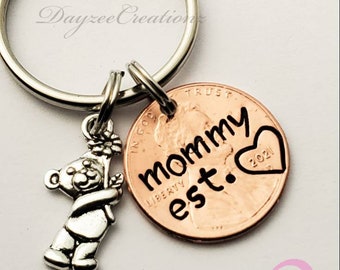 Custom Mother's Day Gift for Mom, Personalized Stamped Penny Keychain | Creative Fun Present for Birthday or Christmas | Teddy Bear Charm