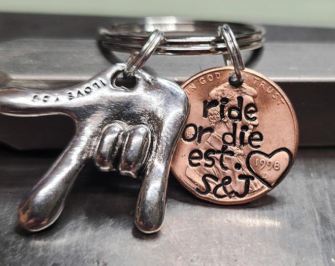 Best Friend Keychain Ride or Die Penny Hand stamped Custom Text for Birthday Thinking of You Gift for Her Bff Bestie Soul Sister Galentine's