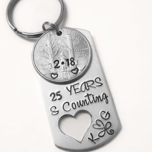 May include: A silver-colored keychain with a dog tag shape. The tag has the text "25 YEARS & Counting" and a heart cutout. A coin with the text "Freedom and Unity" is attached, along with a metal ring.