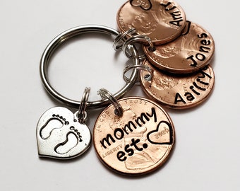Mom Gift | Personalized Penny Keychain | Mother's Day Gift | With Kids' Names Engraved | For Daughter| Footprint Charm| Christmas from Kids
