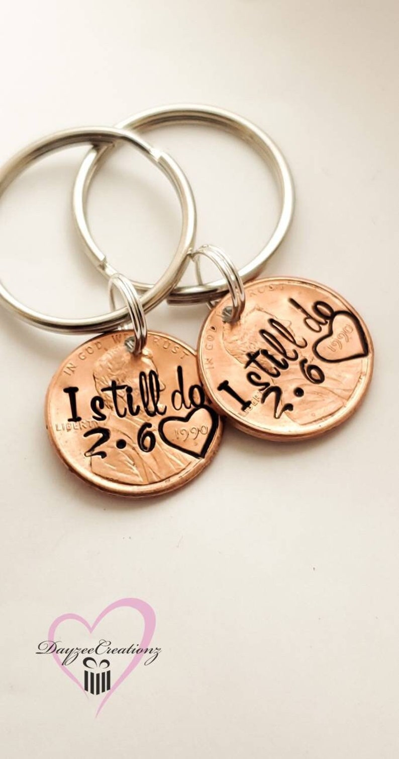 I Still Do Penny Keychain, Anniversary or Valentine's Day Gift for Husband or Wife, Personalized with Your Wedding Date Stamped, Unique Gift Pair of 2
