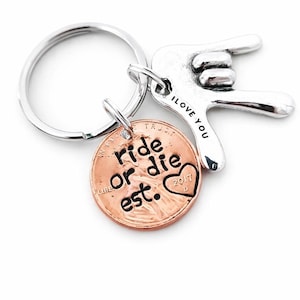 Personalized Ride or Die Friend Penny Keychain with ASL I love you Charm, Custom Galentine's Day Gift for Her