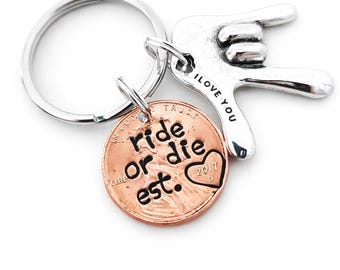 Personalized Ride or Die Friend Penny Keychain with ASL I love you Charm, Custom Galentine's Day Gift for Her