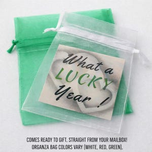 May include: A sheer white organza drawstring bag containing a square card with the text What a LUCKY Year! printed in black and green, layered over a solid green organza drawstring bag. The bags feature a ribbon closure at the top.