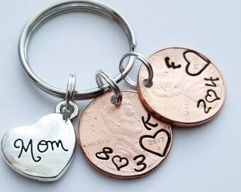 Personalized Custom Mom Gift, Mother's Day, Stamped Penny Keychain with Heart Charm, Birth Date & Initials, Christmas Present, From Child