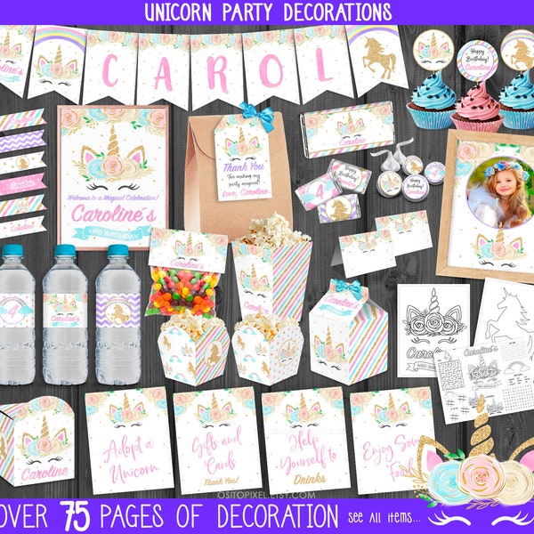 Unicorn Party Decorations, Personalized, Party Package, Birthday Bundle, Decorations Printable Templates Rainbow Unicorn Glitter StudioPanda