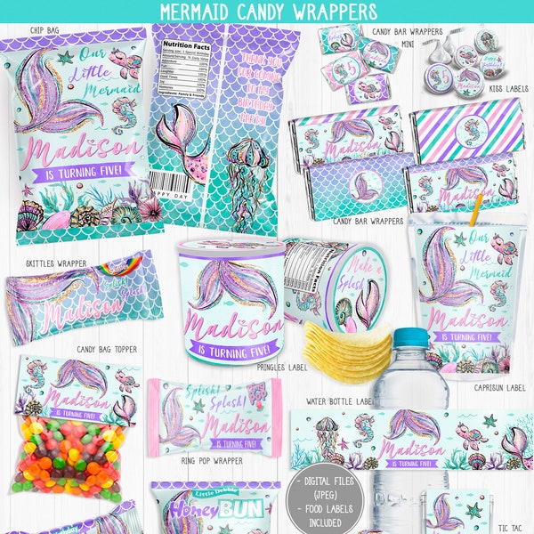 Mermaid Candy Wrappers, Personalized, Little Mermaid, Mermaid Chip Bag, Mermaid Capri Sun, Krispies Mini Chips, Under The Sea, Pool Party