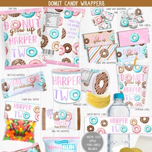 May include: Donut-themed party favor labels and wrappers for a second birthday. The labels feature a donut with pink and blue frosting and sprinkles. The text on the labels says "Donut grow up" and "Harper is turning two".