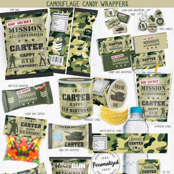 Camouflage Snoeppapiertjes, Gepersonaliseerd, Camo-bundel, Army Chip Bag, Military Capri Sun, Soldier Mini Chips, Military Wrappers, COD