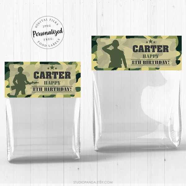 Camouflage Bag Toppers, Personalized, Camo Label, Army Decoration, Military Deco, Soldier Party, COD, Soldier Favor, Military Label